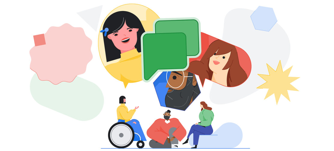 Illustration of four people and three speech bubbles, in various colors. The group is illustrated in a cartoon style against white.