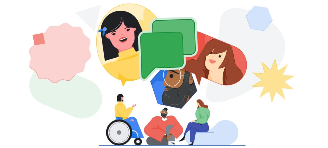 Illustration of four people and three speech bubbles, in various colors. The group is illustrated in a cartoon style against white.