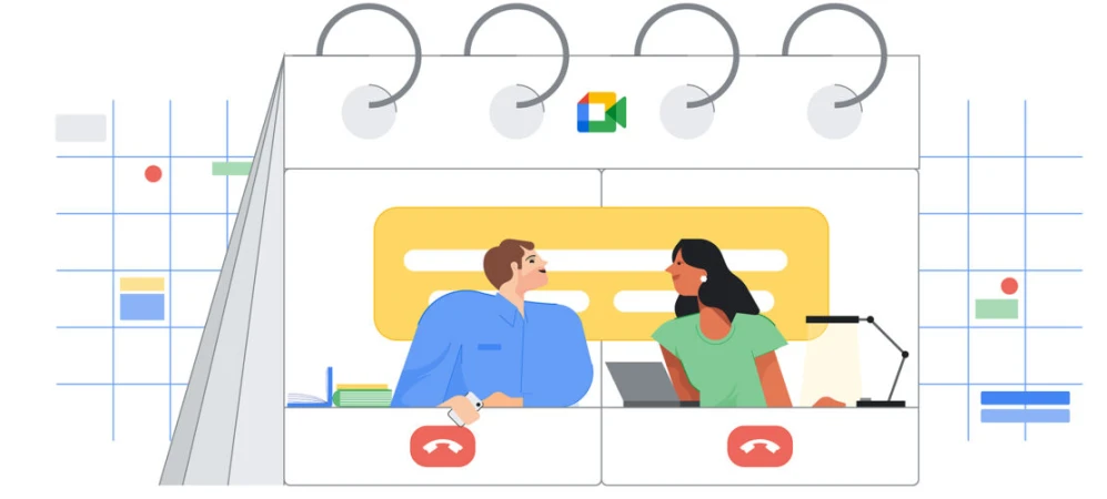 Illustration by Adam Avery featuring two people at desks with video call interface elements against a grid background.