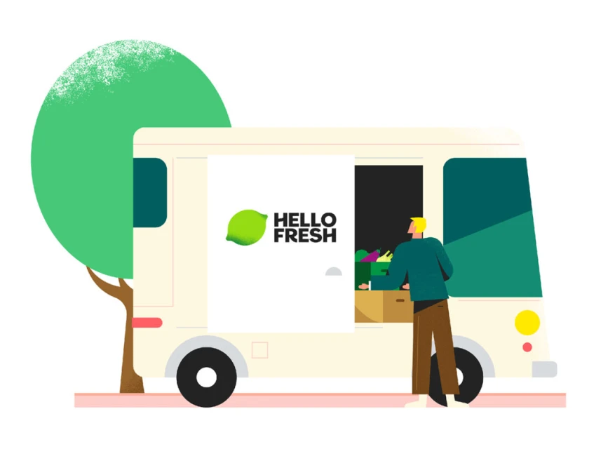 Illustration of a food delivery van with the Hello Fresh logo, a man loading groceries, and a tree, set against a white background.