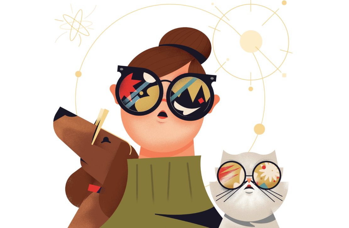 Illustration of a person wearing glasses with a dog and cat beside them, set against a white background with circular designs.