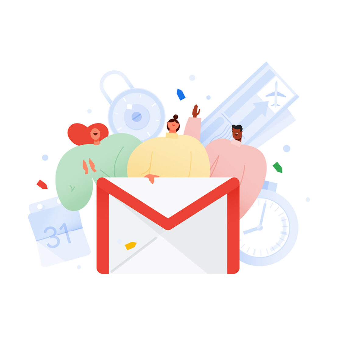 Illustration featuring three people in front of a Gmail logo, calendar, clock, airplane ticket, and padlock on a white background.