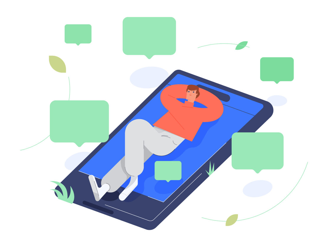 Illustration of a man reclining on a smartphone with speech bubbles, suggesting communication, relaxation, and modern technology.