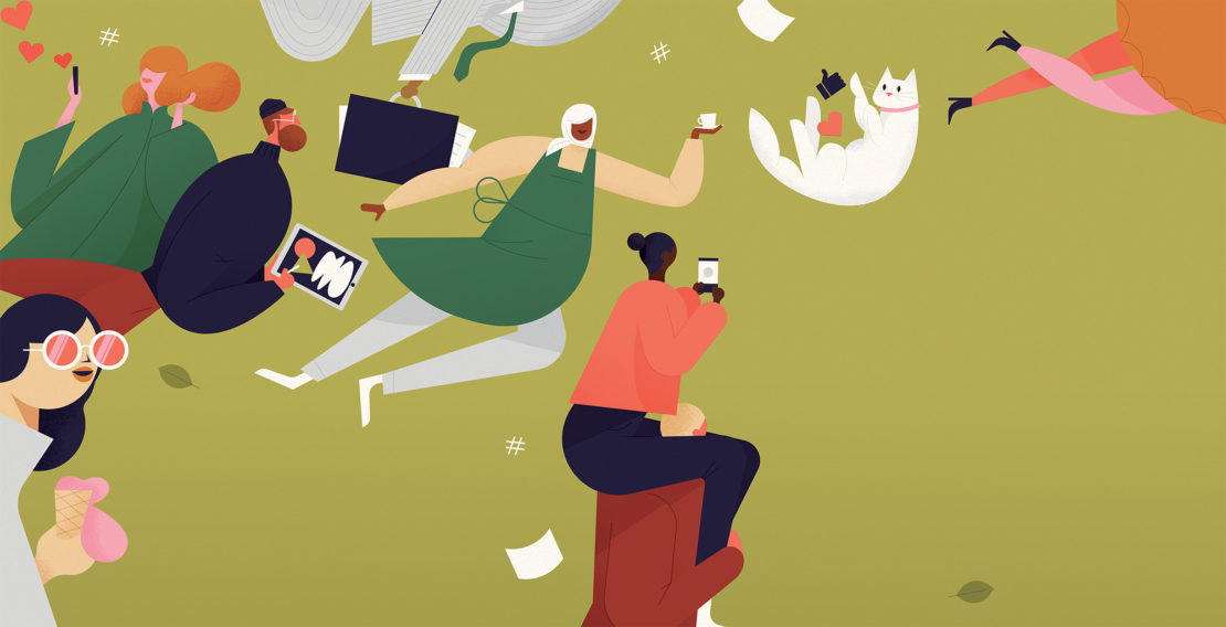 Illustration of a group of people engaged in various activities such as using phones, carrying briefcases, and interacting with a cat.