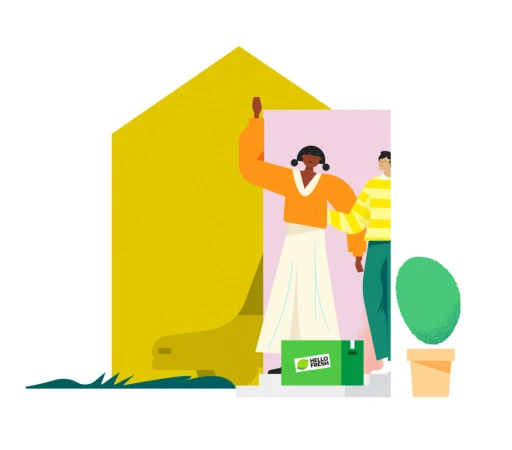 Illustration of two individuals, a woman holding a box, standing near a stylized yellow house and a green potted plant, set against white.