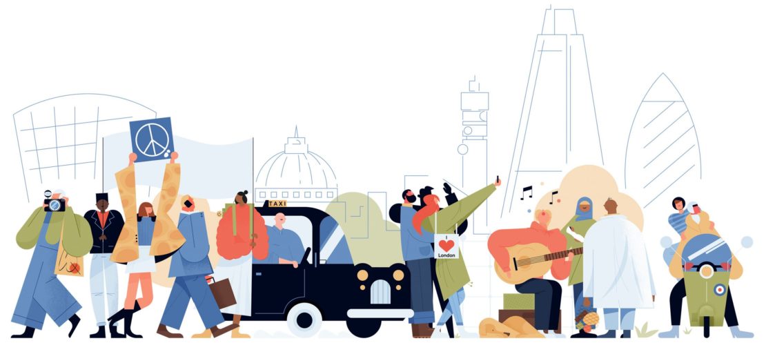 Illustration of diverse people, black taxi cab, and London city buildings. A group of tourists and travelers explore urban scenery.