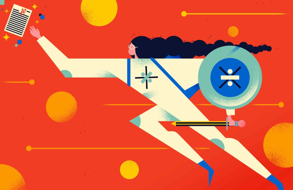 Digital illustration of a woman with a document and shield symbolizing academic achievement in education and mathematics on a red background.