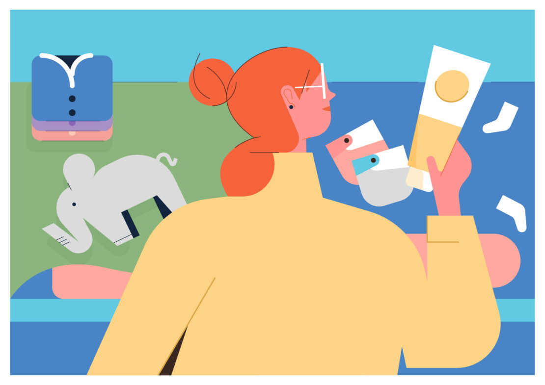 Illustration of a woman holding baby products with clothes and an elephant toy in the background in a simple, colorful style.