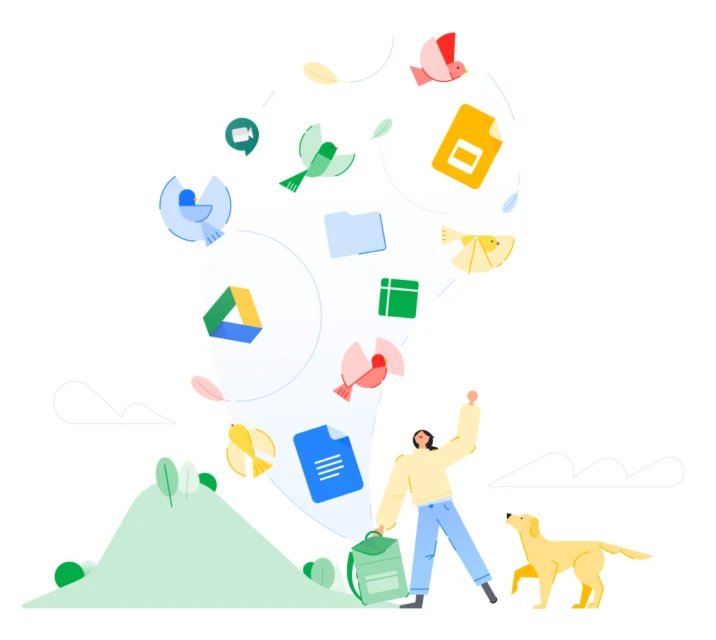 Illustration of woman and dog standing near hill with falling Google Workspace icons, including Docs, Sheets, and Drive logos.