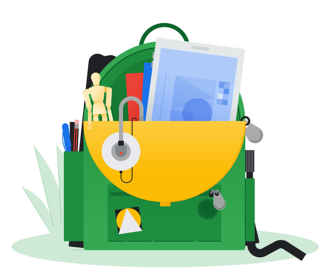 Green backpack filled with books, tablet, headphones, art mannequin, and stationary items on a plain white background in vector art.