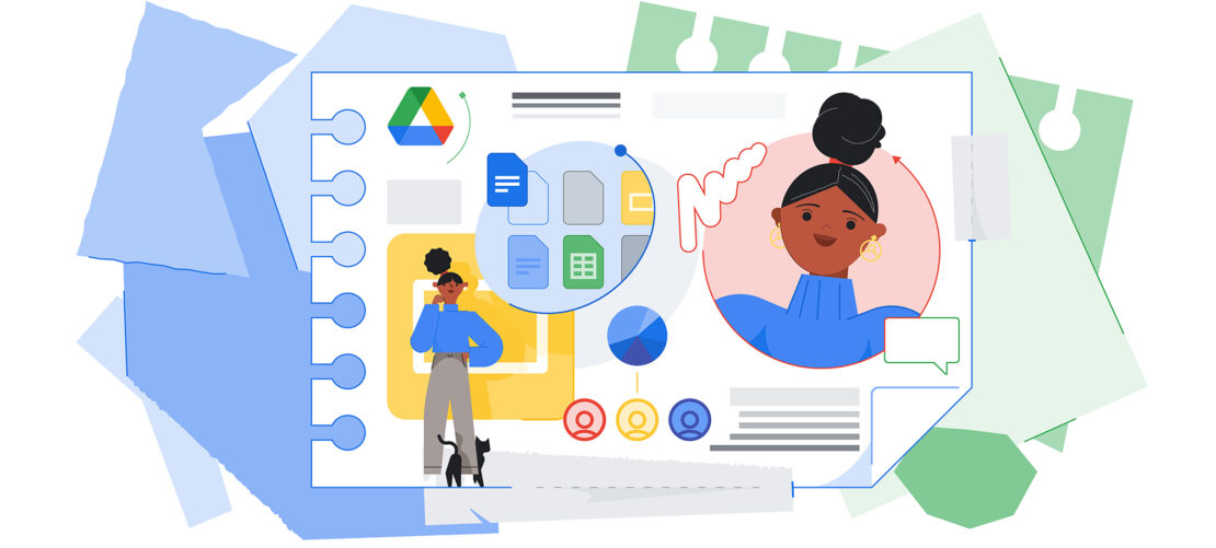 Stylized illustration of Google Drive interface with cartoon figures of a woman and a cat, documents, and file icons.