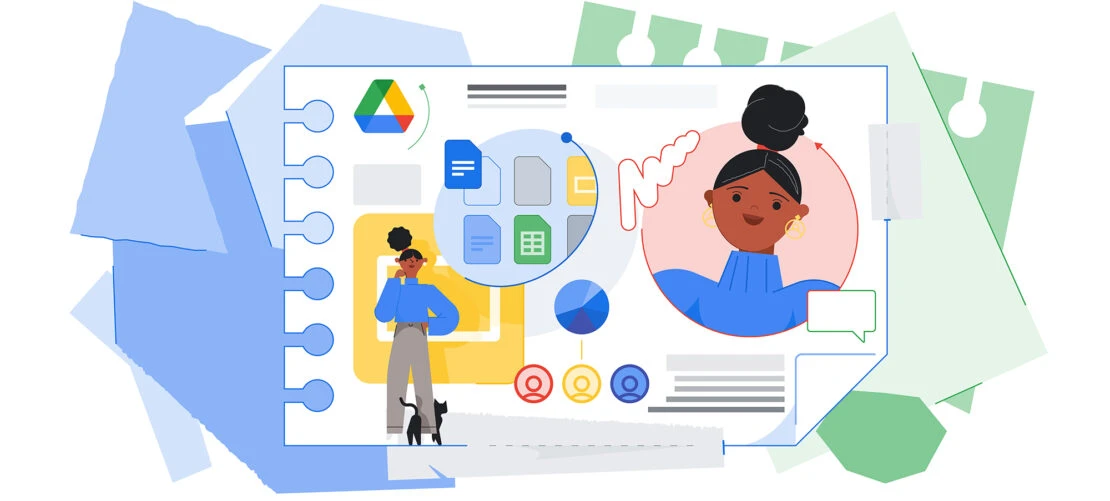 Stylized illustration of Google Drive interface with cartoon figures of a woman and a cat, documents, and file icons.