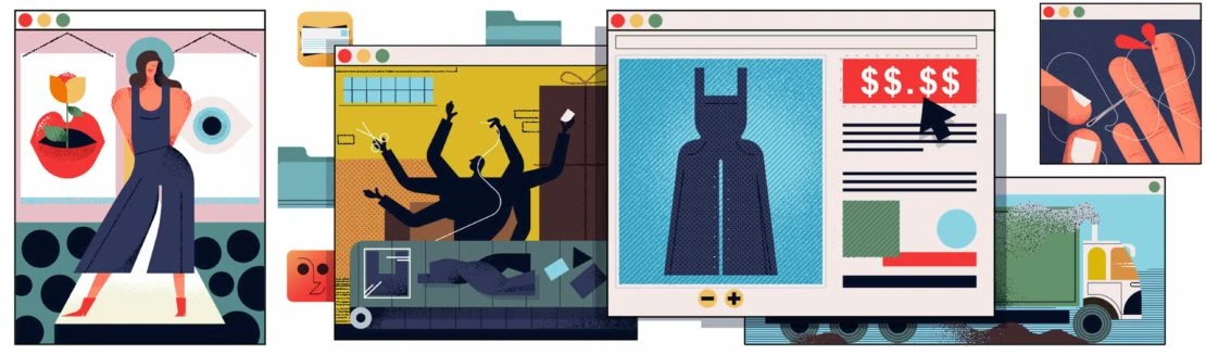 Fashion illustration featuring a woman in a jumpsuit, complemented by digital design elements and stylized imagery.