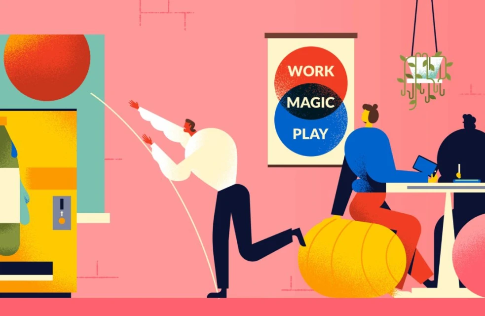 Illustration of office scene with two people working, one stretching, and modern workplace concept with a poster and exercise ball.