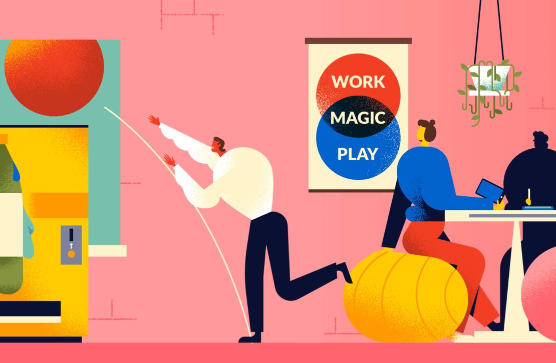 Whimsical illustration of a man reaching for a high object, colleagues on a balance ball, and an office vending machine.
