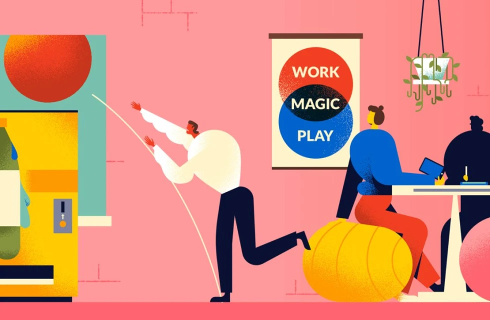 Whimsical illustration of a man reaching for a high object, colleagues on a balance ball, and an office vending machine.