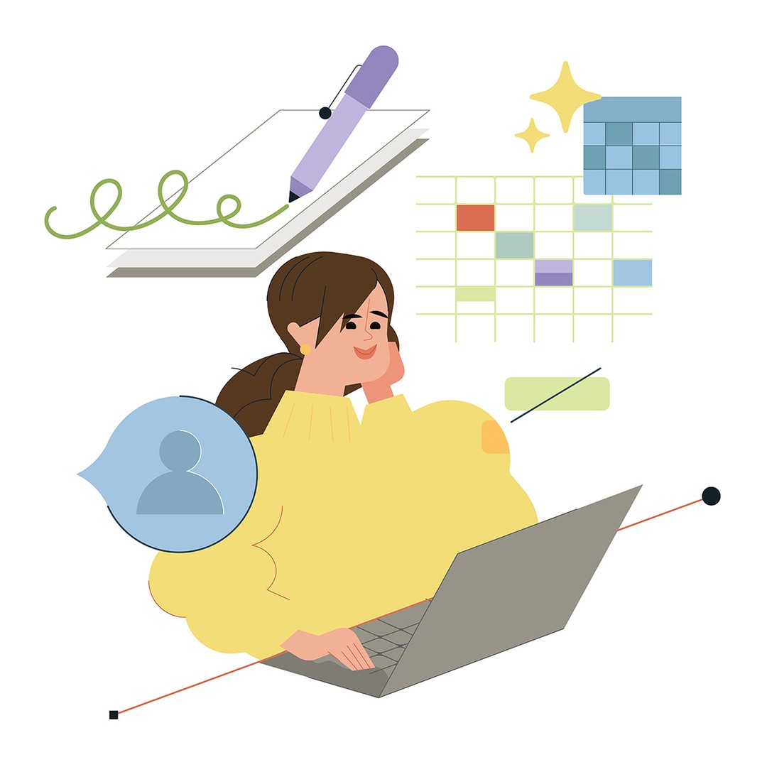 Illustration of a woman using a laptop with a pen, paper, calendar, and other design elements in the background on a white background.