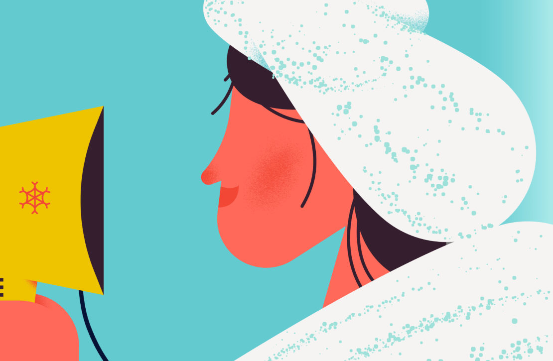 Illustration of a woman with a towel on her head looking at a computer screen, rendered with bold lines and a limited color palette.
