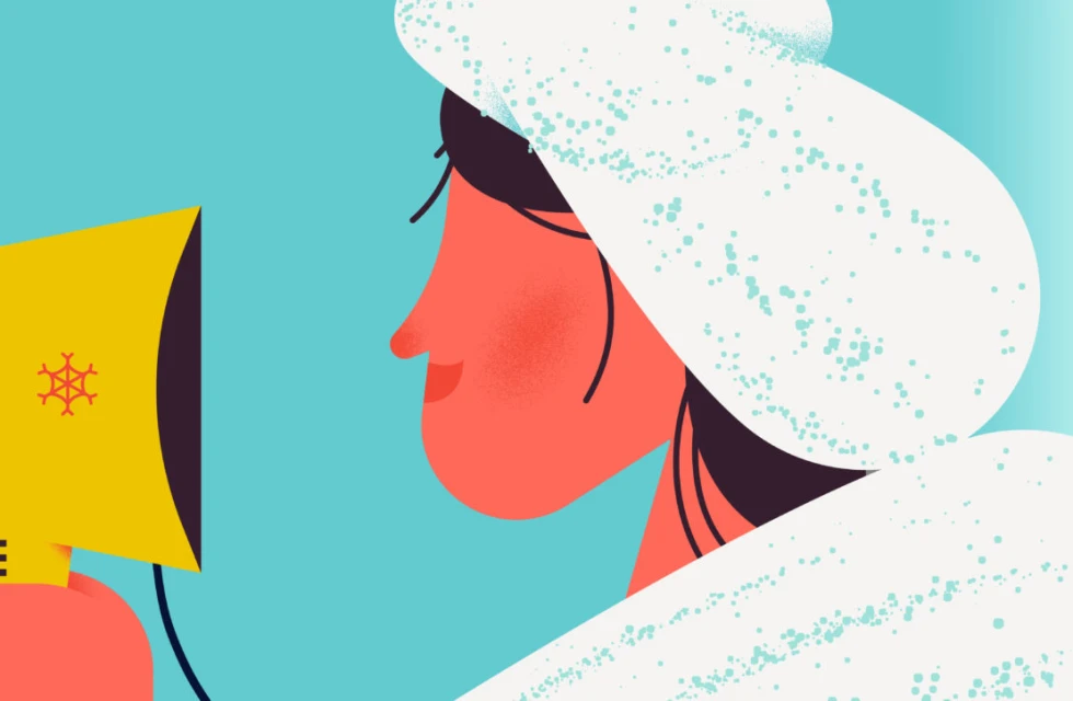 Illustration of a woman with a towel on her head looking at a computer screen, rendered with bold lines and a limited color palette.