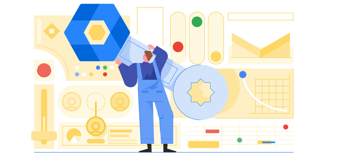 Illustration of a figure in blue overalls carrying a wrench with UI elements in the background on a white background.