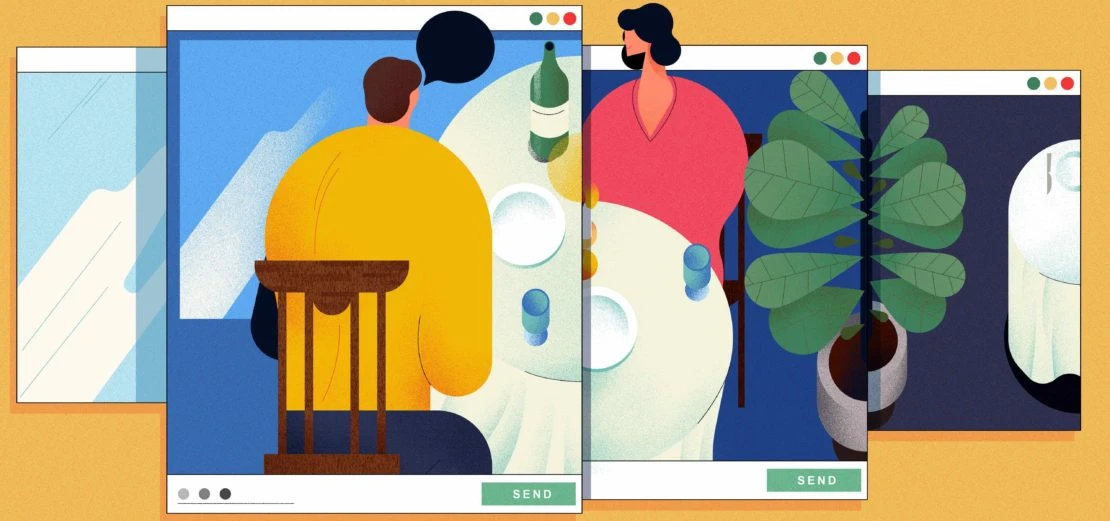 Illustration of a man and woman connecting via video call, depicted in split-screen web browser windows with dining table scenes.