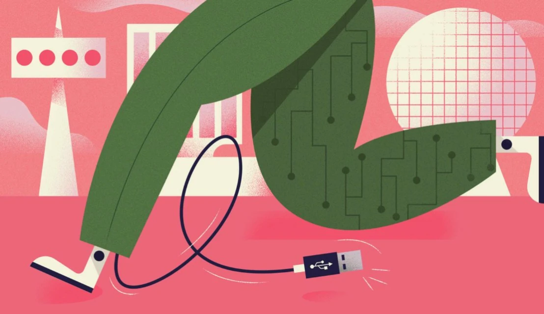 Abstract illustration featuring a green leg, a black USB cable, and geometric shapes in a pink and white color palette.