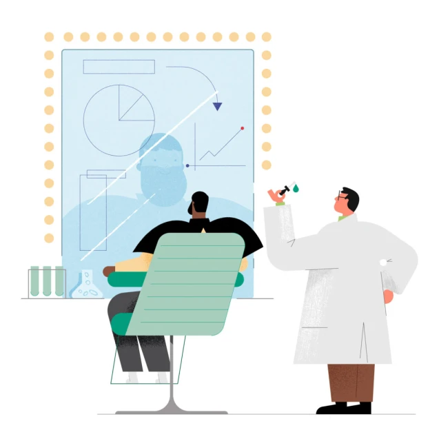 An illustration showcases two individuals in a lab setting, one seated and the other holding a dropper, with a chart in the backdrop.