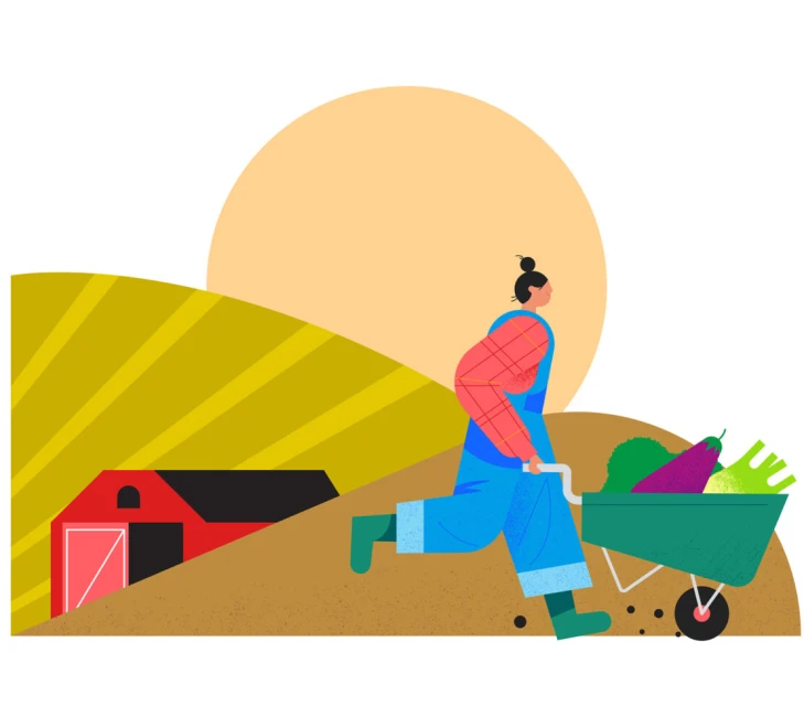 Illustration of a farmer pushing a wheelbarrow full of vegetables in a field with a barn and sun in the background.