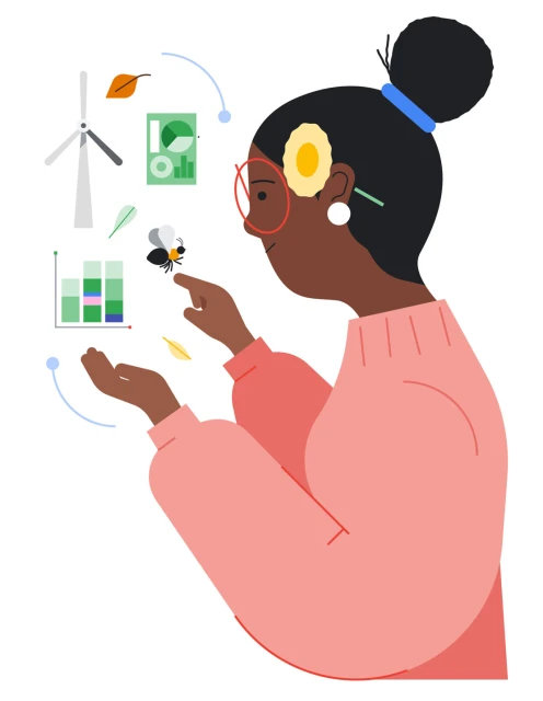 Illustration of a dark-skinned woman with a flower behind her ear, windmill, bee, leaf, and data chart graphics isolated on white.