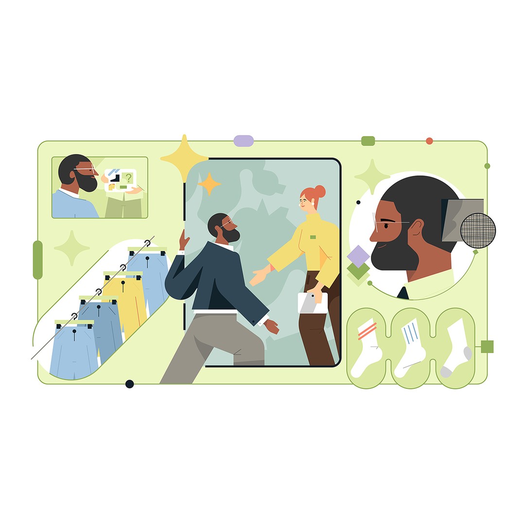 Illustration of an apparel store customer interacting with a sales associate, with clothing items visible in the background.