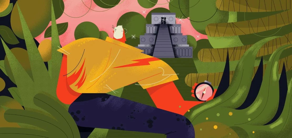 Illustration of an explorer peering through dense jungle foliage with a compass, revealing a Mayan temple in the background.