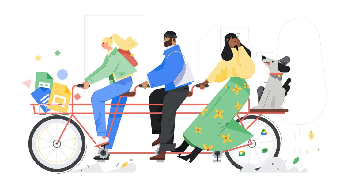 Illustration of three people riding a tandem bicycle with a dog and a basket filled with colorful files against a white background.