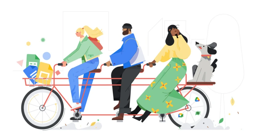 Illustration of three people riding a tandem bicycle with a dog and a basket filled with colorful files against a white background.