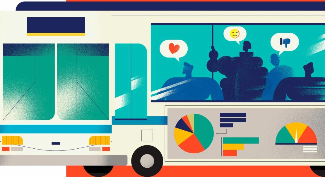 Illustration of a bus with data charts and stylized passengers, conveying a concept of data-driven transit and public sentiment.