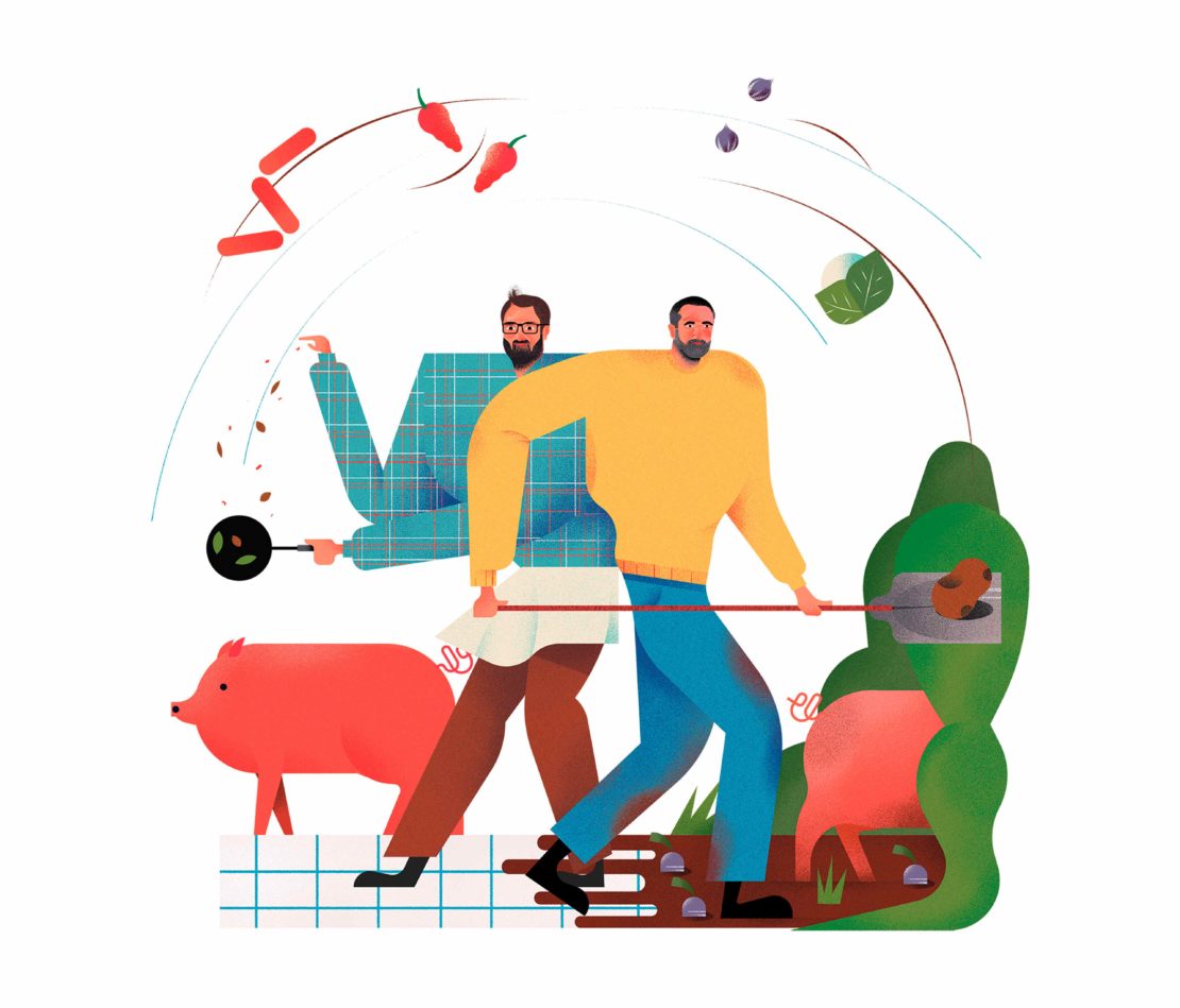 Illustration of two men preparing food with a pig, vegetables, and cooking tools, creating a whimsical and engaging scene.