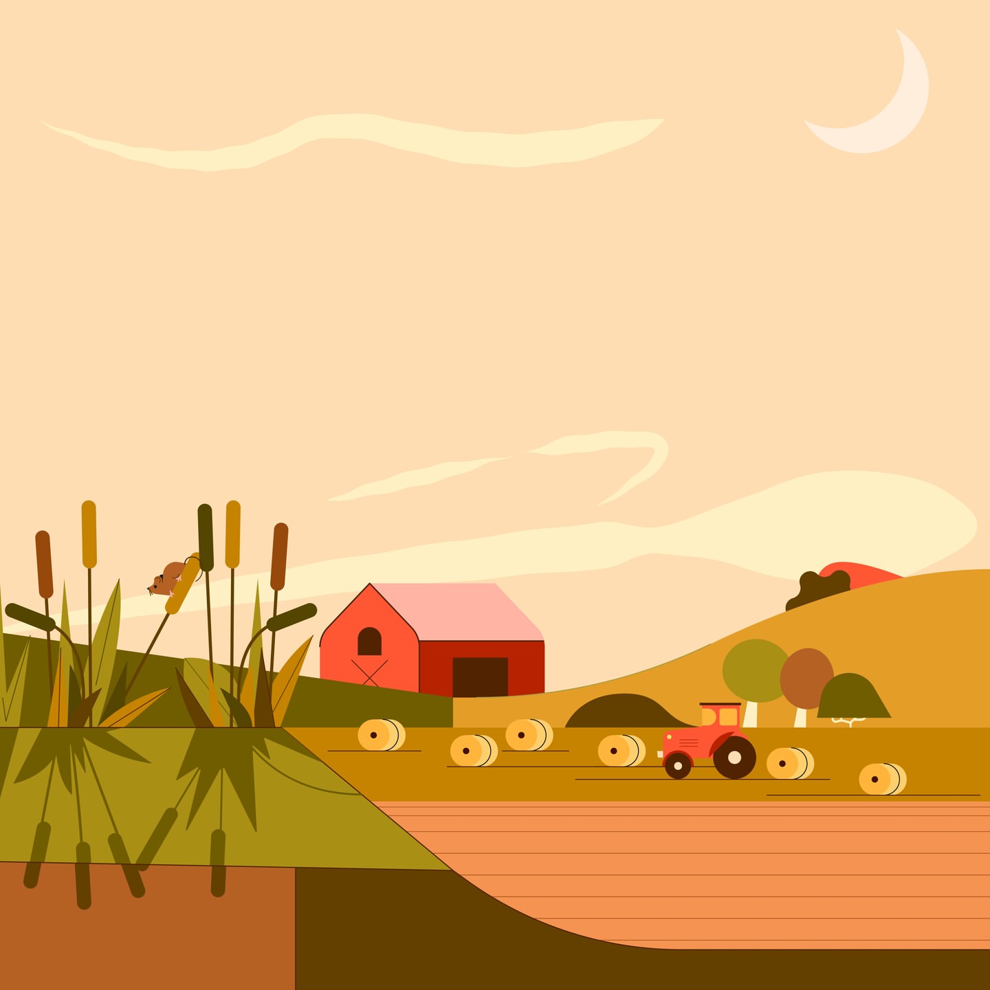 Illustration of rural landscape with barn, hay bales, tractor, and vegetation under a daytime sky with clouds and a crescent moon.