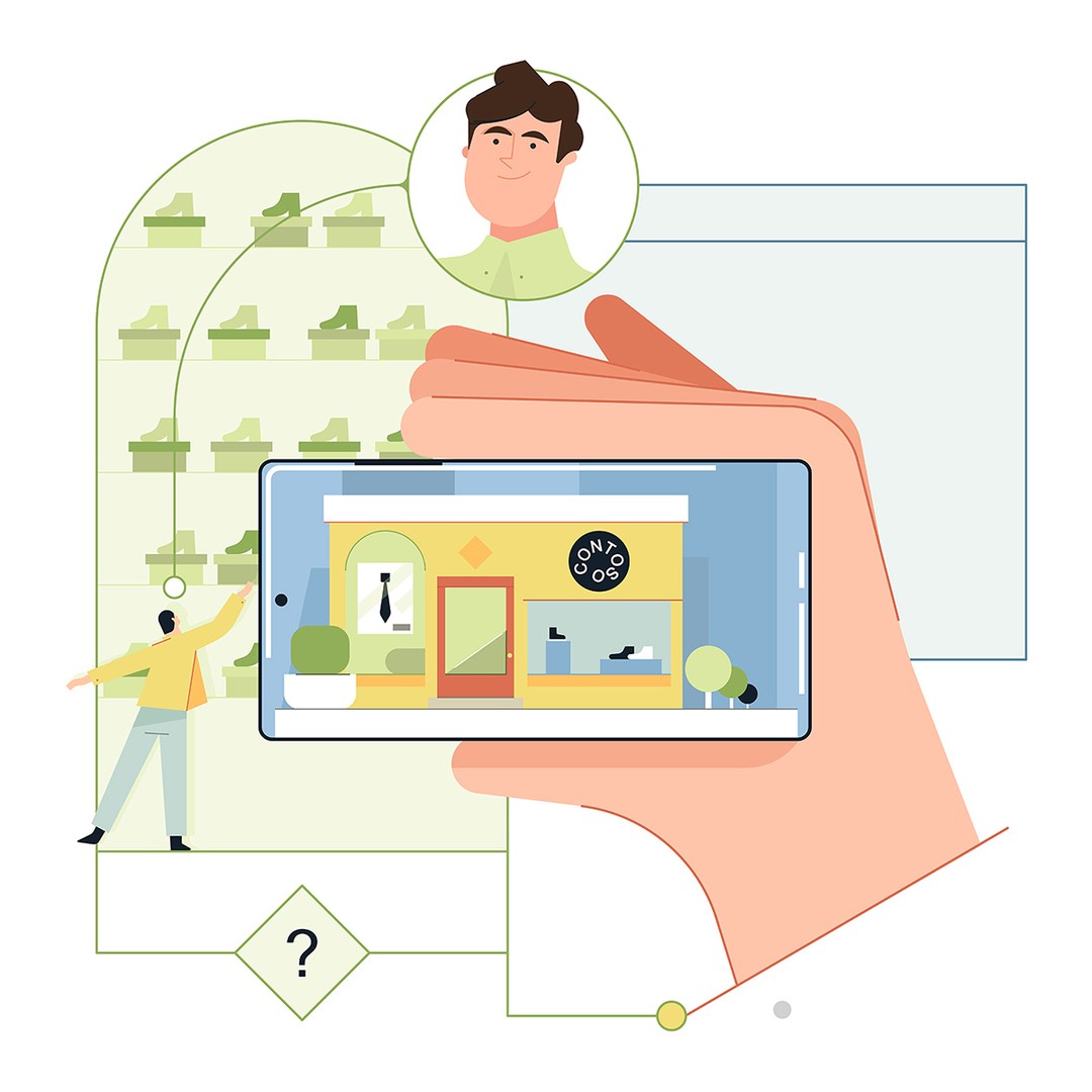 Illustration of a hand holding a smartphone displaying a shoe store, with a man, shoes on shelves, and geometric design elements.