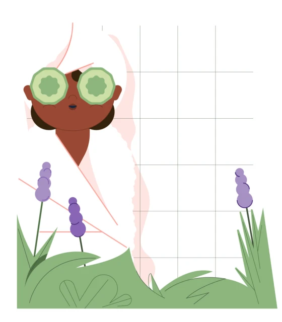 Illustration of a woman with cucumber slices over her eyes, wearing a towel wrap, with plants in the foreground against a grid background.
