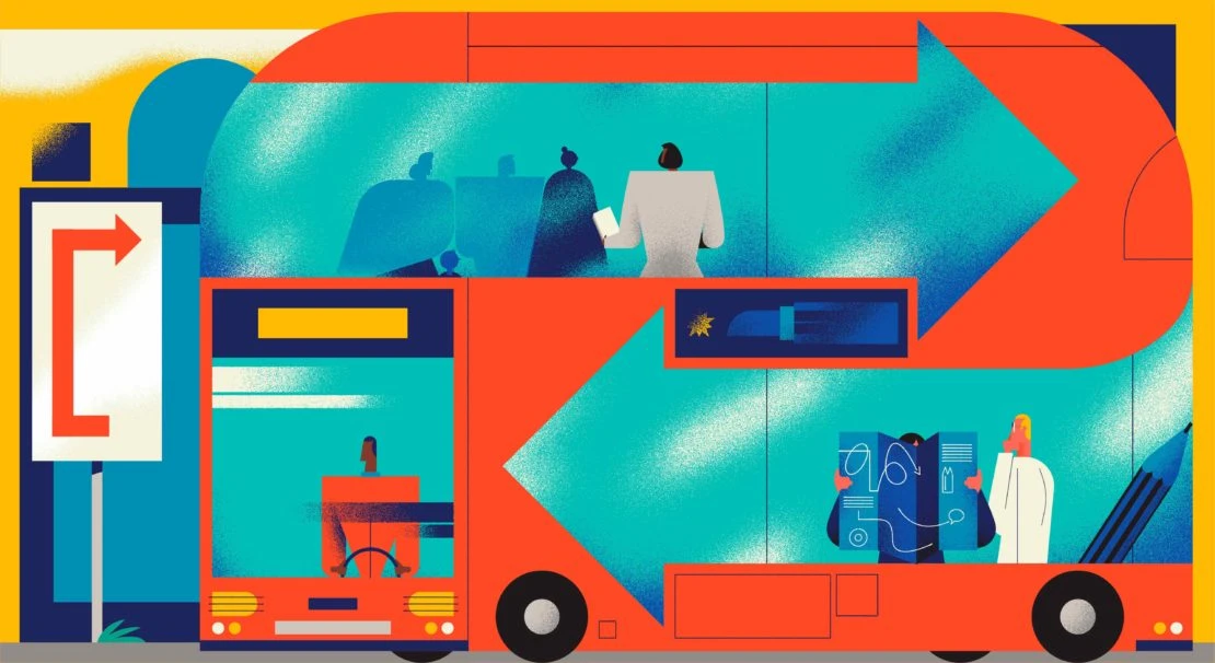 Illustration of a red double-decker bus with passengers, a driver, and an arrow sign against a yellow background, showcasing a travel theme.