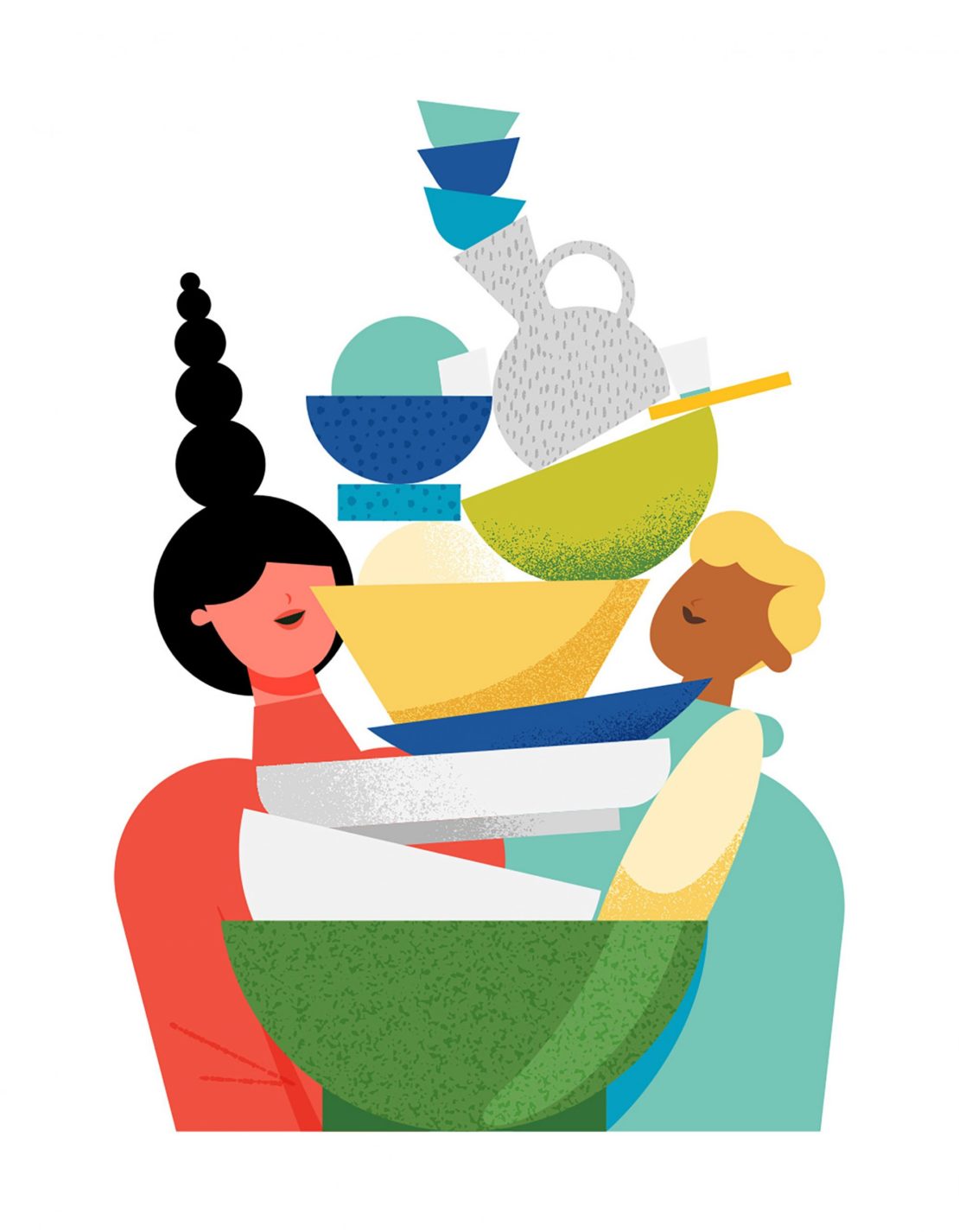 Illustration of two people carrying a tall, stacked pile of assorted bowls and decorative objects in a flat, modern art style.