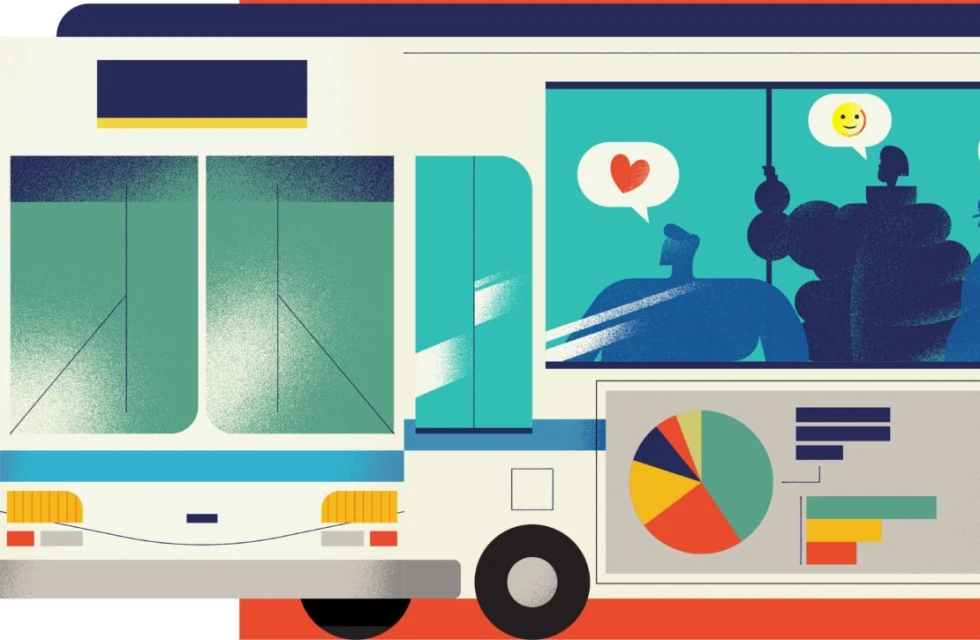 Illustration of a city bus with passengers, speech bubbles with heart and smiley face, and a colorful pie chart.