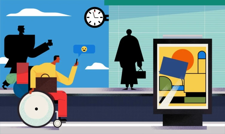 Digital art illustration of a man in wheelchair using a smartphone and people silhouettes, split screen with abstract shapes and clock.
