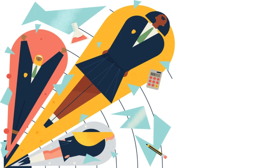 Illustration of three people in professional attire floating upwards, surrounded by geometric shapes and school-related props on white.