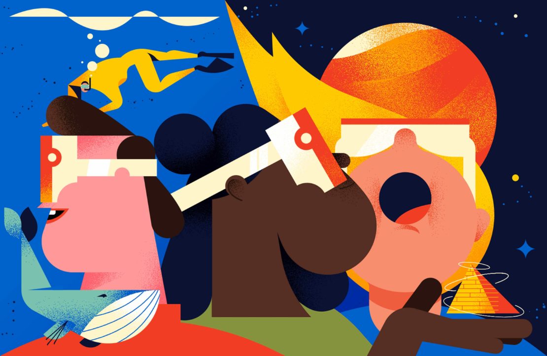 Vibrant vector art illustration featuring diverse people wearing VR headsets, exploring underwater, space, and ancient pyramid themes.