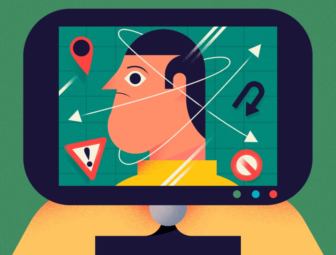 Illustration of a person's head inside a monitor screen with direction signs and geometric designs on a green background.