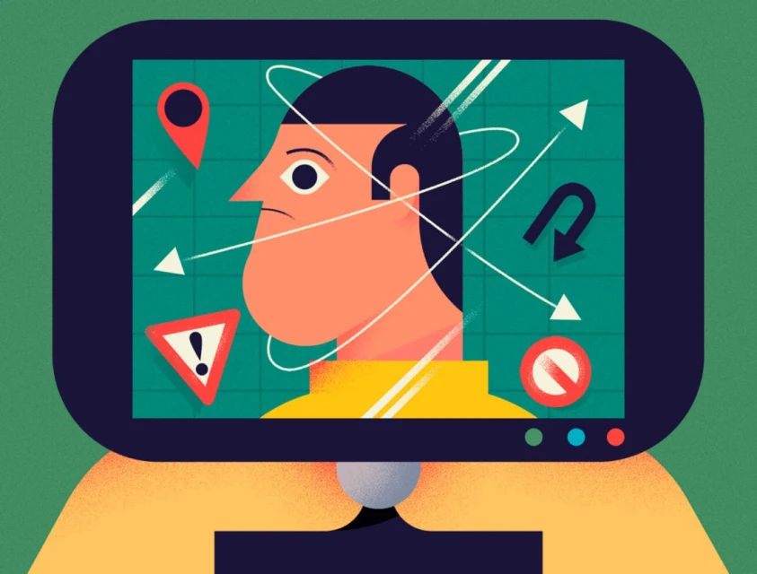 Illustration of a person's head inside a monitor screen with direction signs and geometric designs on a green background.