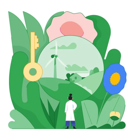 Illustration of woman in lab coat standing in front of landscape art with wind turbine, house, plants, flowers, and gold key.