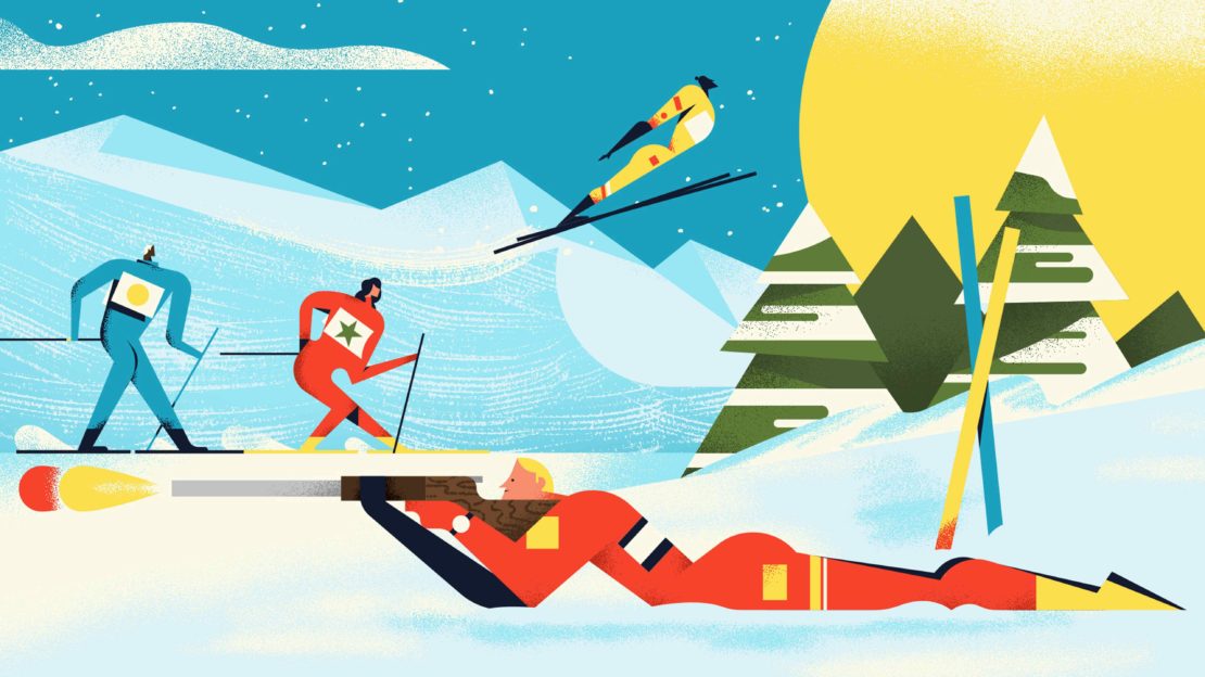 Illustration of cross-country biathletes in winter: one lying down shooting, two skiing, and one jumping, set in a snowy landscape with mountains.