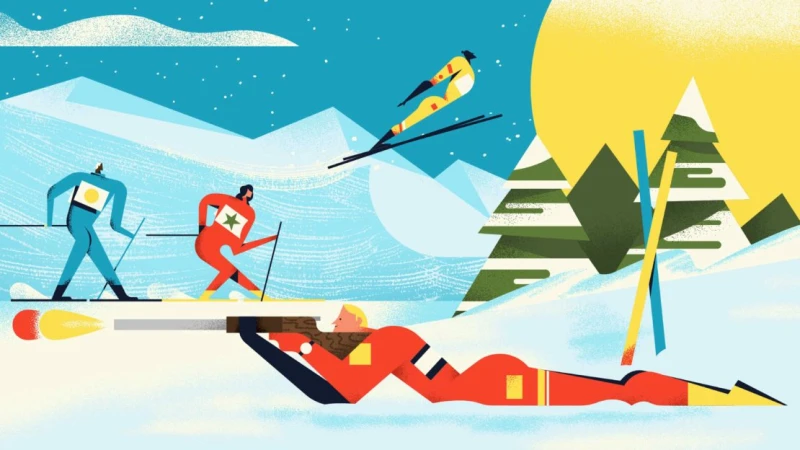 Illustration of cross-country biathletes in winter: one lying down shooting, two skiing, and one jumping, set in a snowy landscape with mountains.