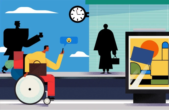 Illustration of people in transit: a wheelchair user with phone, a walking person, and a silhouette at a bus stop.
